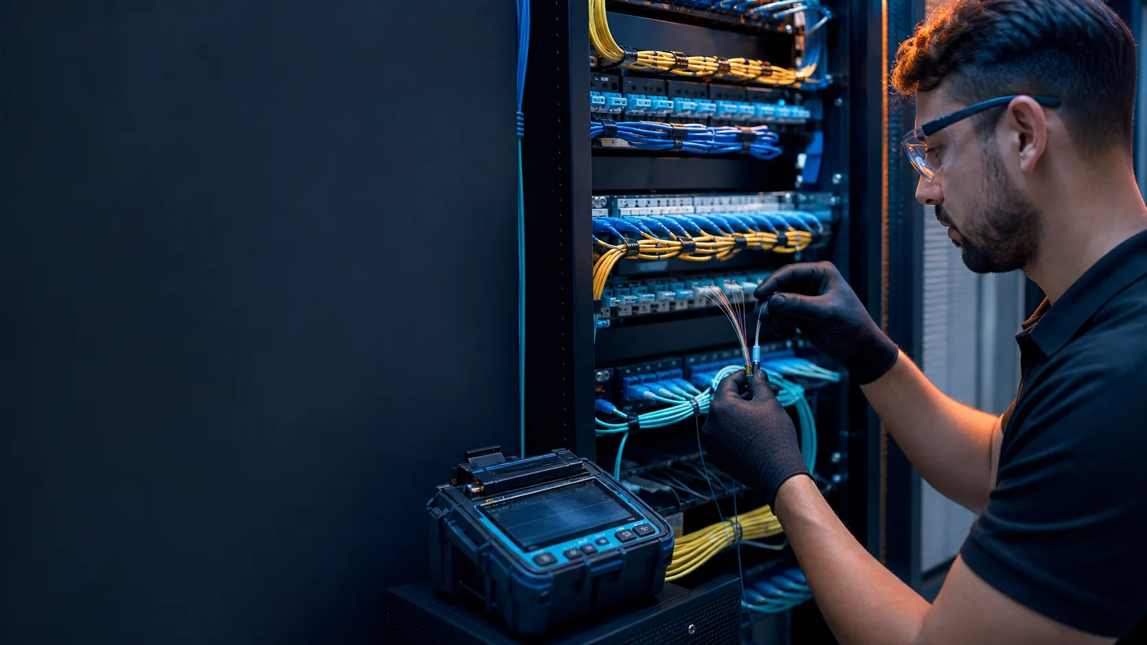Zertifizierter Techniker terminiert und prüft Glasfasern an einem geordneten Patchpanel