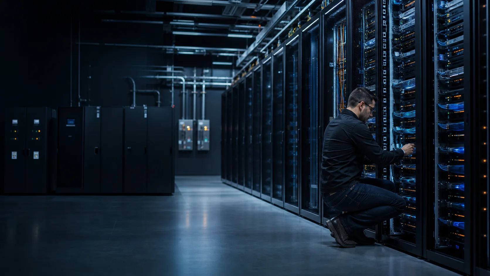 Techniker prüft Serverracks und strukturierte Infrastruktur in einem modernen Rechenzentrum